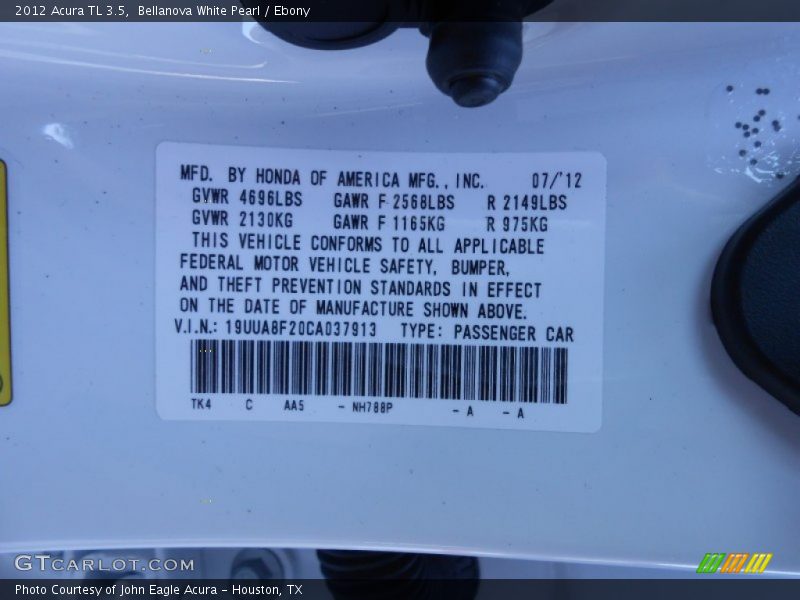Bellanova White Pearl / Ebony 2012 Acura TL 3.5