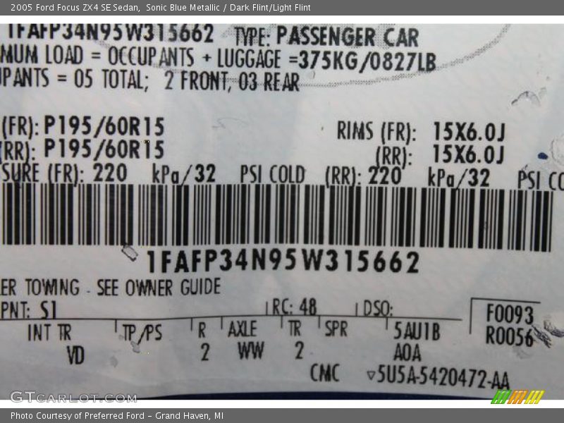 2005 Focus ZX4 SE Sedan Sonic Blue Metallic Color Code S1