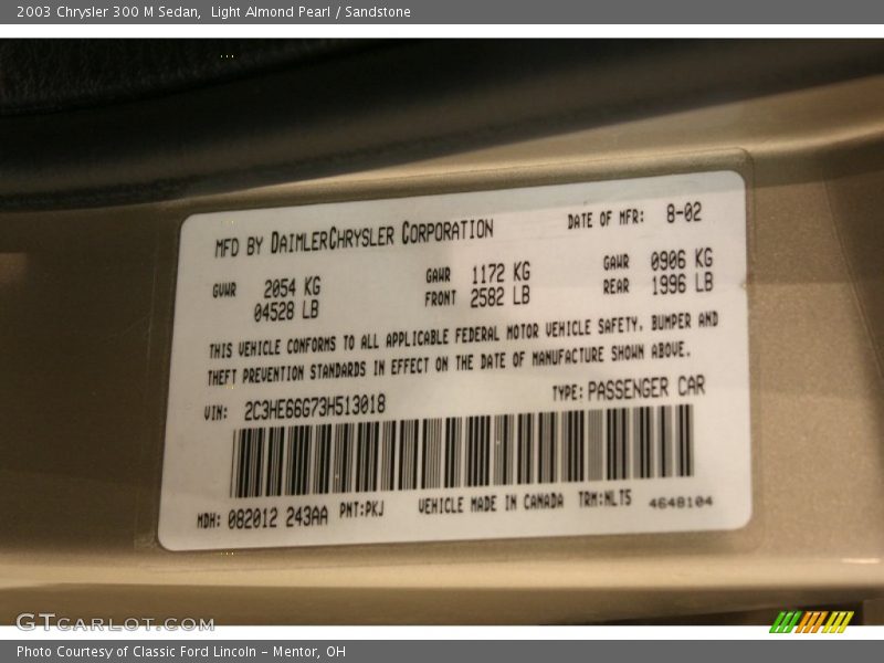 2003 300 M Sedan Light Almond Pearl Color Code PKJ