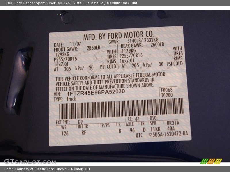 2008 Ranger Sport SuperCab 4x4 Vista Blue Metallic Color Code G9