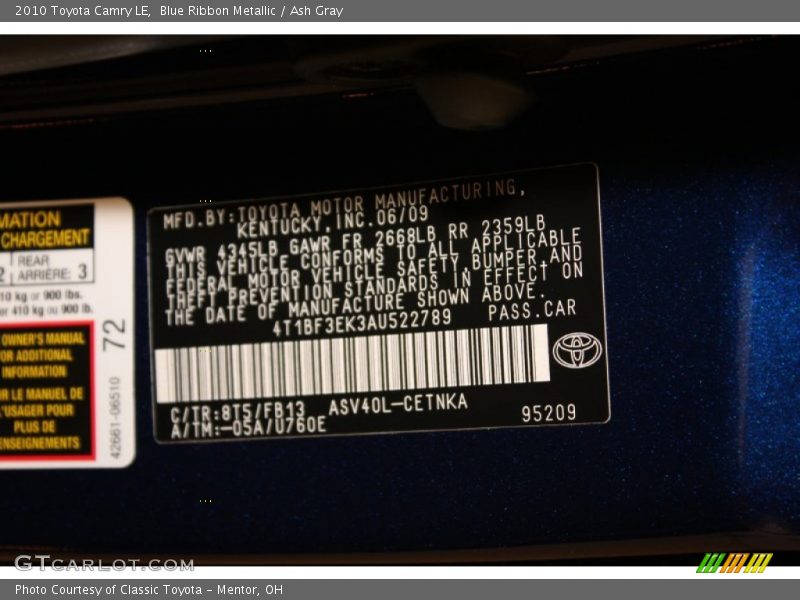 Blue Ribbon Metallic / Ash Gray 2010 Toyota Camry LE
