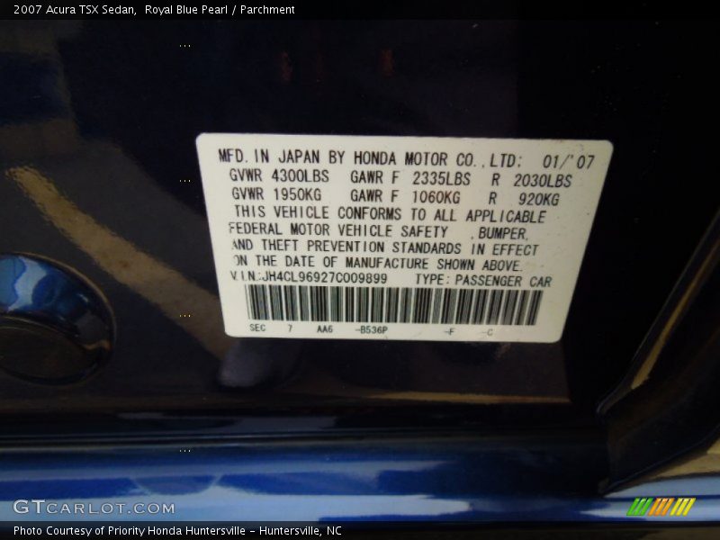 2007 TSX Sedan Royal Blue Pearl Color Code B536P