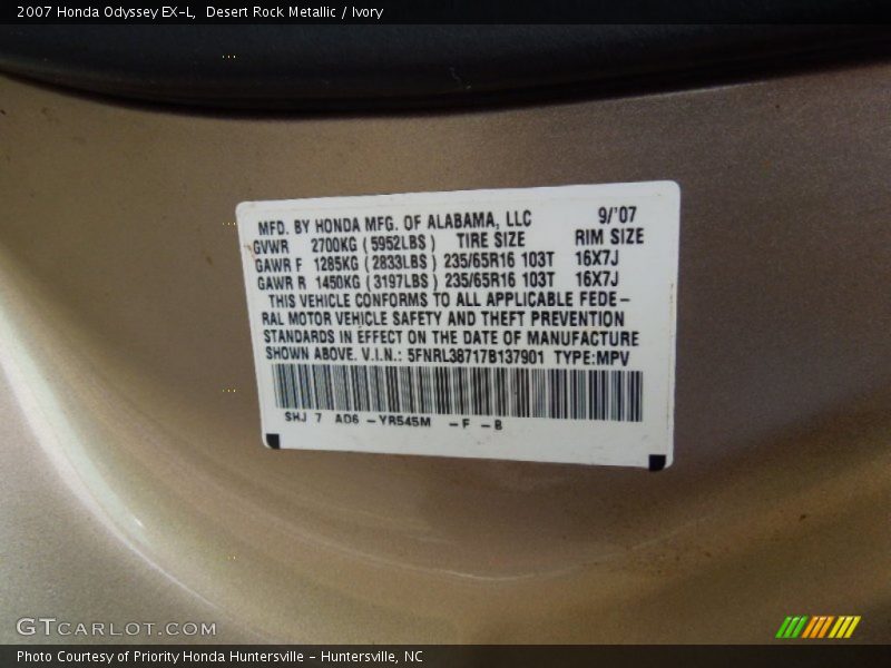 2007 Odyssey EX-L Desert Rock Metallic Color Code YR545M