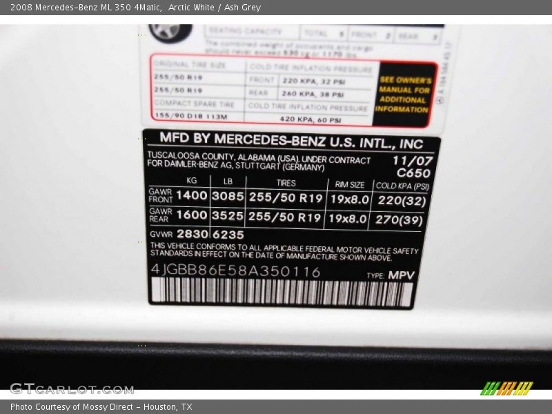 Arctic White / Ash Grey 2008 Mercedes-Benz ML 350 4Matic