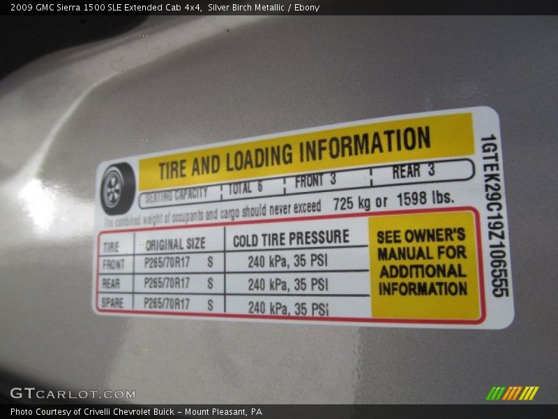 Info Tag of 2009 Sierra 1500 SLE Extended Cab 4x4