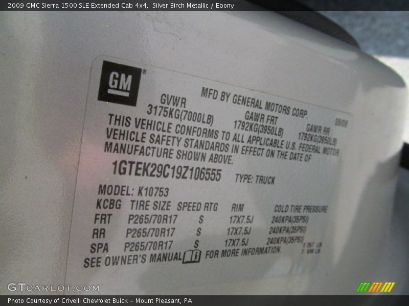Info Tag of 2009 Sierra 1500 SLE Extended Cab 4x4