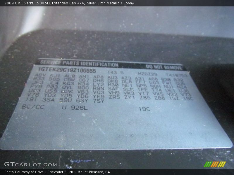 Info Tag of 2009 Sierra 1500 SLE Extended Cab 4x4