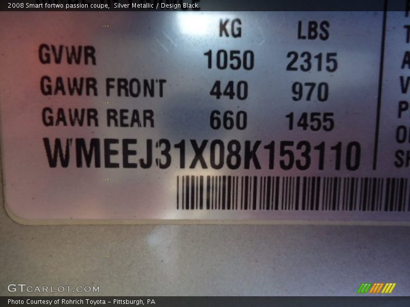 Silver Metallic / Design Black 2008 Smart fortwo passion coupe