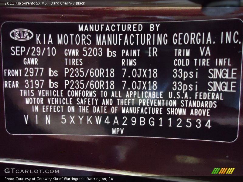 Dark Cherry / Black 2011 Kia Sorento SX V6