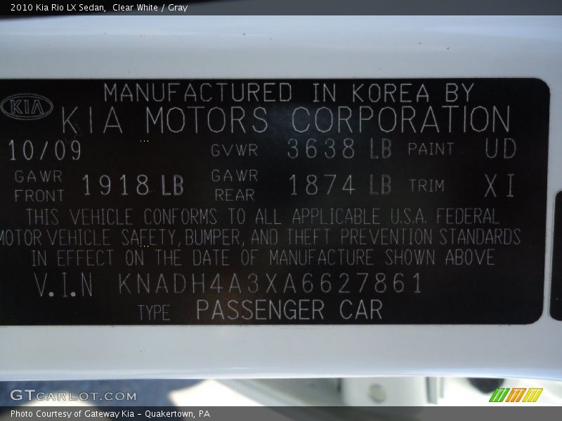 2010 Rio LX Sedan Clear White Color Code UD