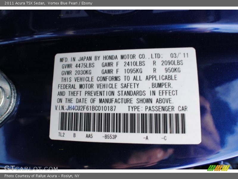 Vortex Blue Pearl / Ebony 2011 Acura TSX Sedan
