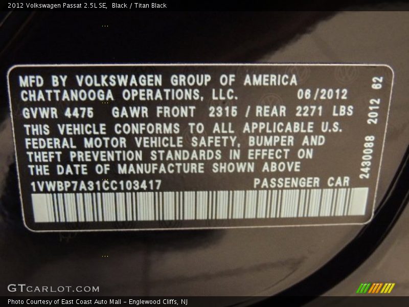 Black / Titan Black 2012 Volkswagen Passat 2.5L SE