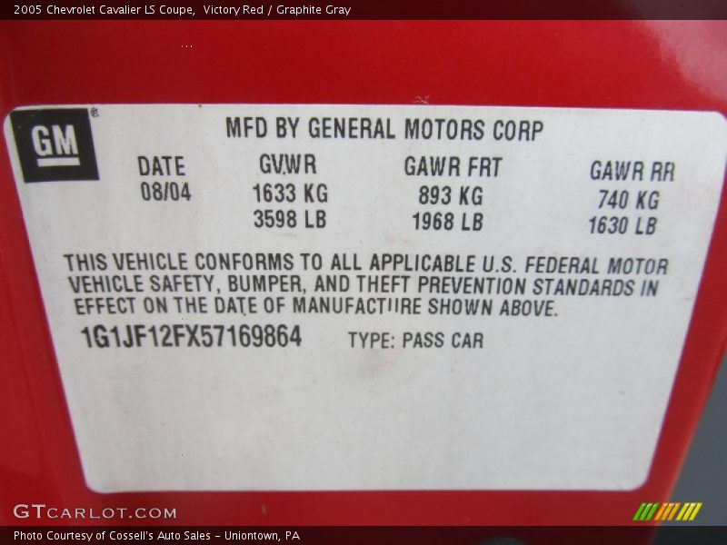 Info Tag of 2005 Cavalier LS Coupe