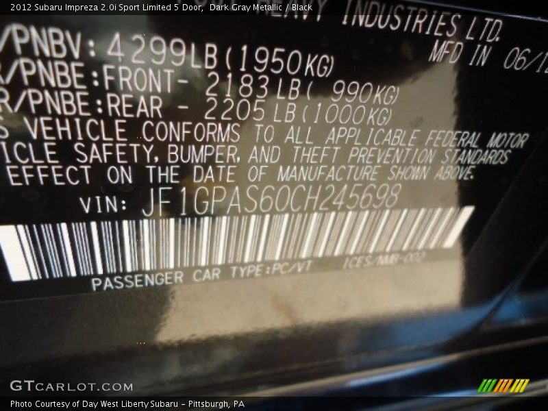 Dark Gray Metallic / Black 2012 Subaru Impreza 2.0i Sport Limited 5 Door