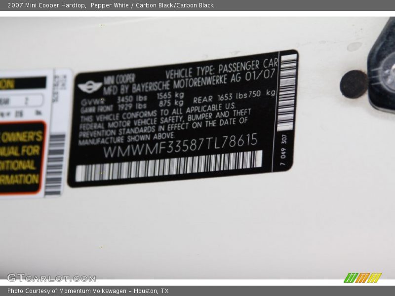 Pepper White / Carbon Black/Carbon Black 2007 Mini Cooper Hardtop