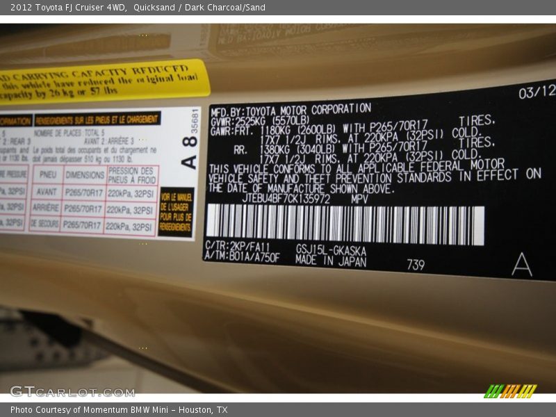 2012 FJ Cruiser 4WD Quicksand Color Code 2KP