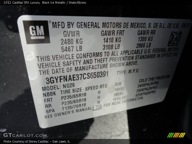 Black Ice Metallic / Shale/Ebony 2012 Cadillac SRX Luxury