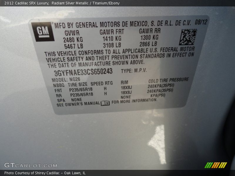 Radiant Silver Metallic / Titanium/Ebony 2012 Cadillac SRX Luxury