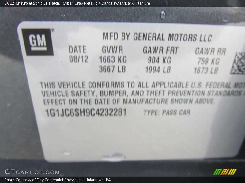 Cyber Gray Metallic / Dark Pewter/Dark Titanium 2012 Chevrolet Sonic LT Hatch
