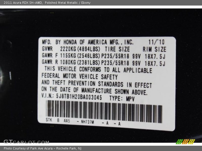 Polished Metal Metallic / Ebony 2011 Acura RDX SH-AWD