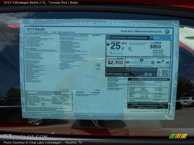 Tornado Red / Beige 2013 Volkswagen Beetle 2.5L