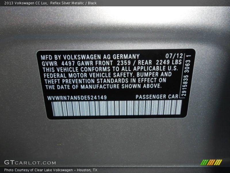 Reflex Silver Metallic / Black 2013 Volkswagen CC Lux