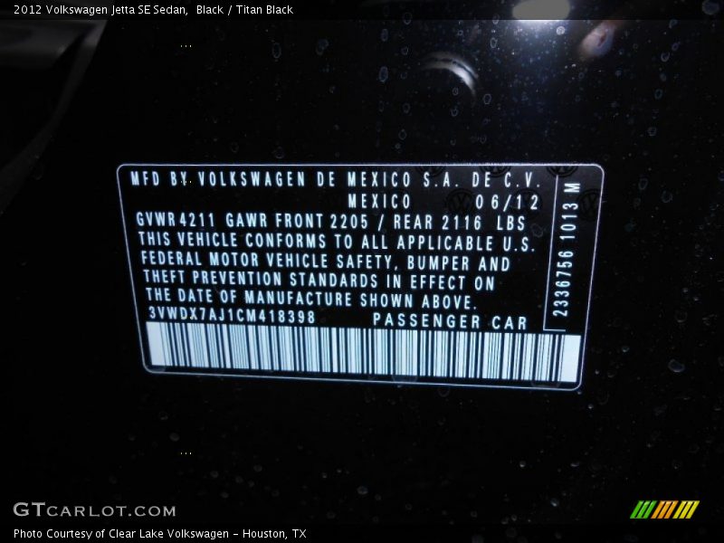 Black / Titan Black 2012 Volkswagen Jetta SE Sedan