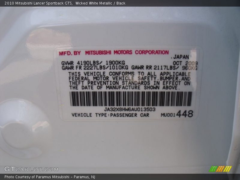 Info Tag of 2010 Lancer Sportback GTS