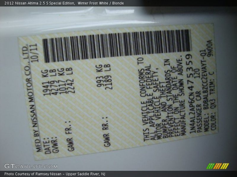 Winter Frost White / Blonde 2012 Nissan Altima 2.5 S Special Edition