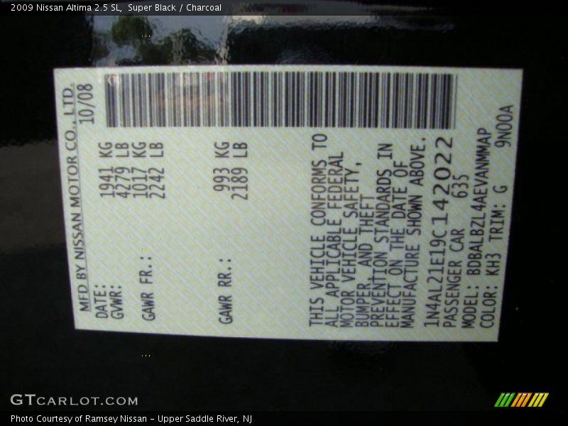 Super Black / Charcoal 2009 Nissan Altima 2.5 SL