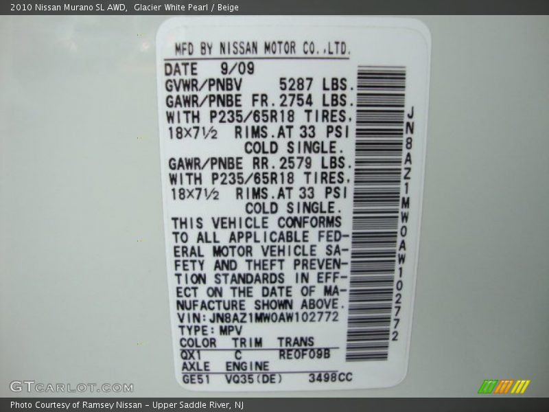Glacier White Pearl / Beige 2010 Nissan Murano SL AWD