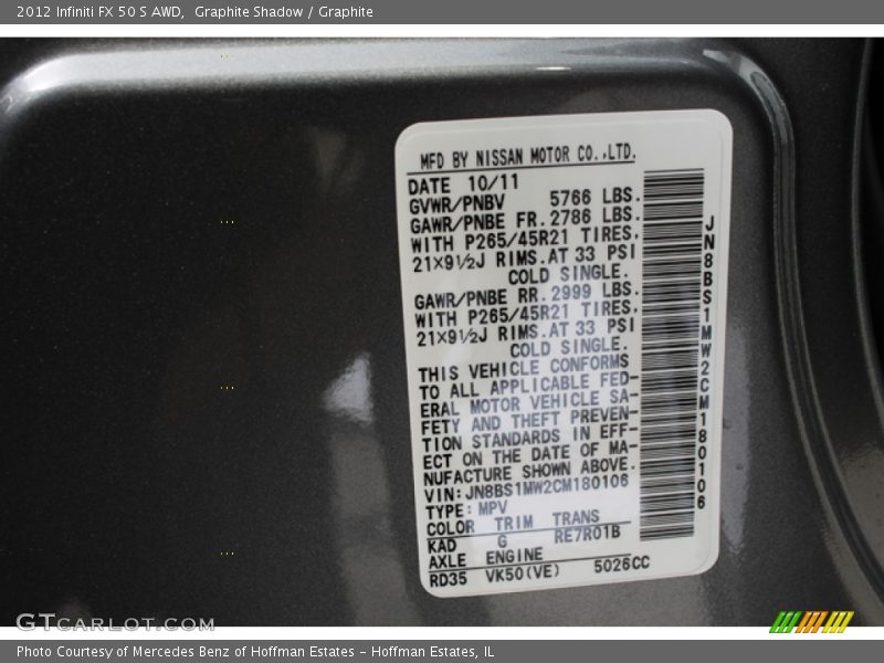 2012 FX 50 S AWD Graphite Shadow Color Code KAD