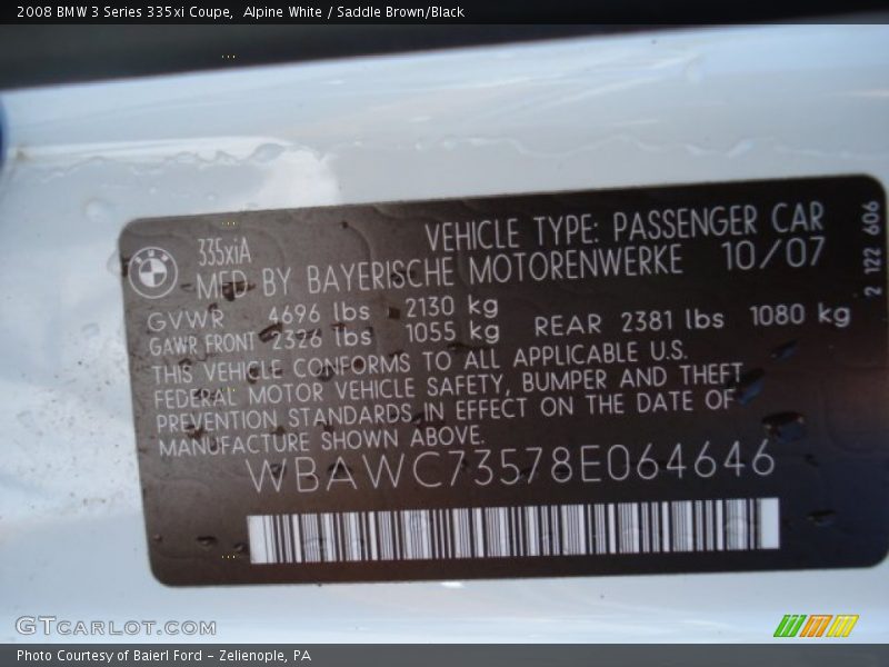 Alpine White / Saddle Brown/Black 2008 BMW 3 Series 335xi Coupe