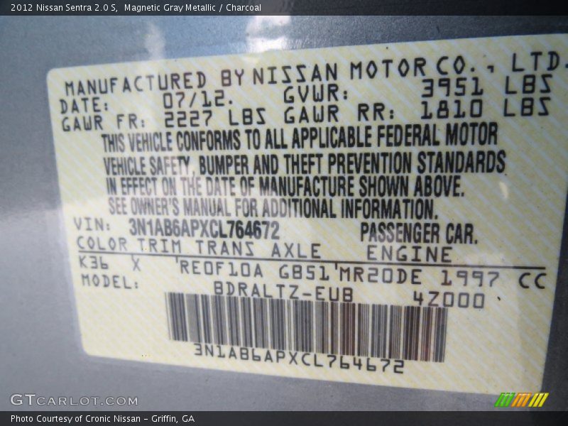 Magnetic Gray Metallic / Charcoal 2012 Nissan Sentra 2.0 S