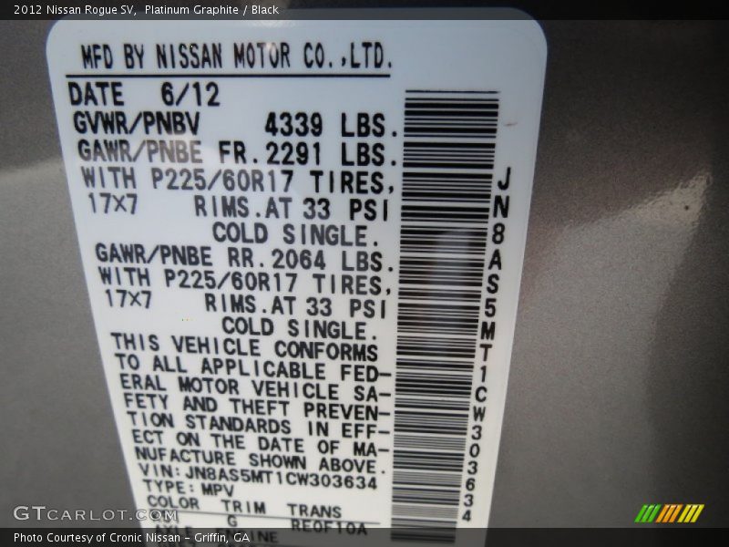 Platinum Graphite / Black 2012 Nissan Rogue SV