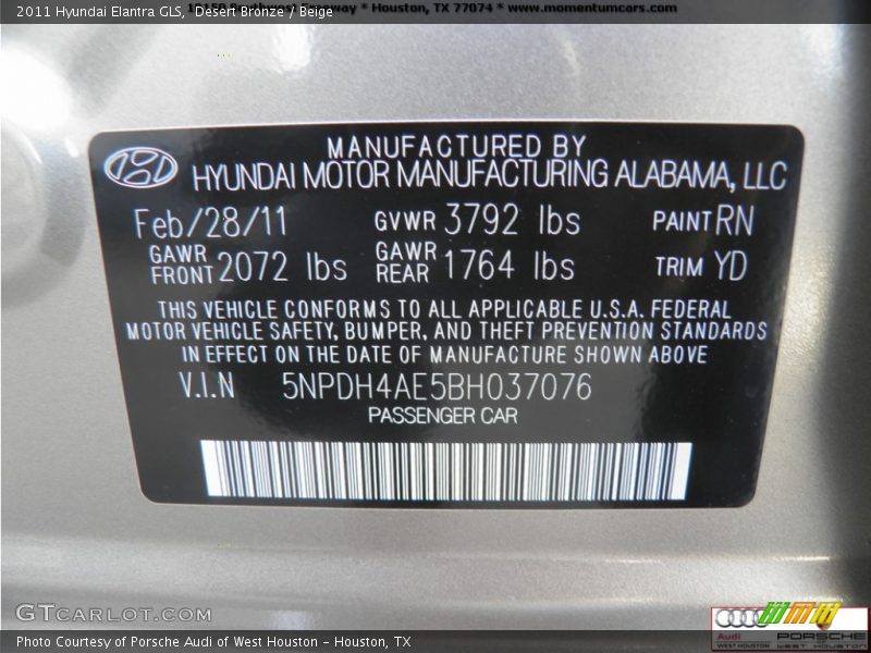 Desert Bronze / Beige 2011 Hyundai Elantra GLS
