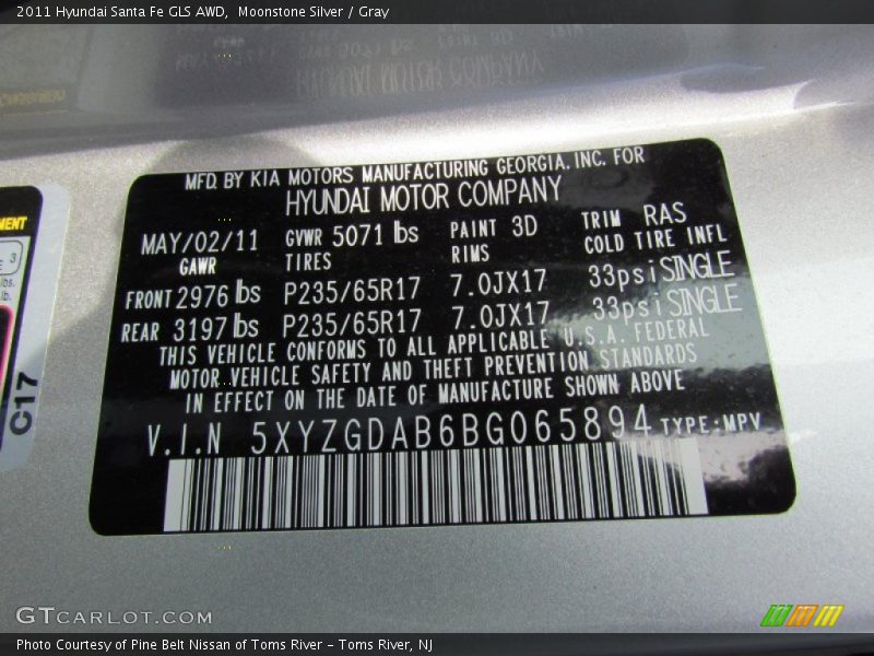 Moonstone Silver / Gray 2011 Hyundai Santa Fe GLS AWD