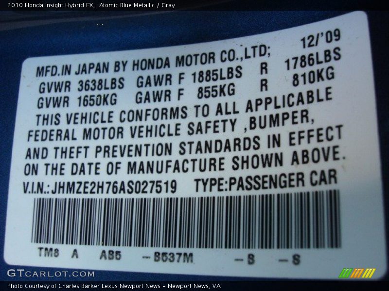 Atomic Blue Metallic / Gray 2010 Honda Insight Hybrid EX