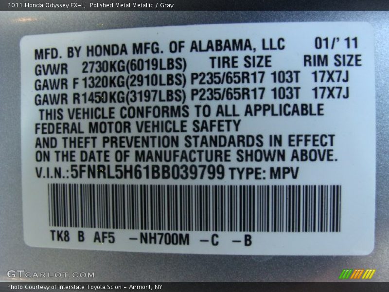 Polished Metal Metallic / Gray 2011 Honda Odyssey EX-L
