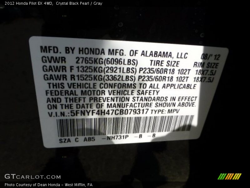 Crystal Black Pearl / Gray 2012 Honda Pilot EX 4WD