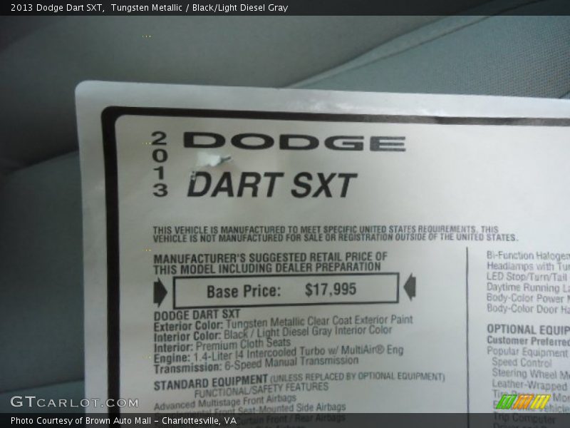 Tungsten Metallic / Black/Light Diesel Gray 2013 Dodge Dart SXT