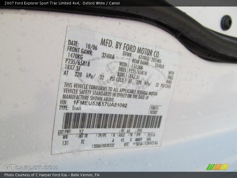 2007 Explorer Sport Trac Limited 4x4 Oxford White Color Code YZ