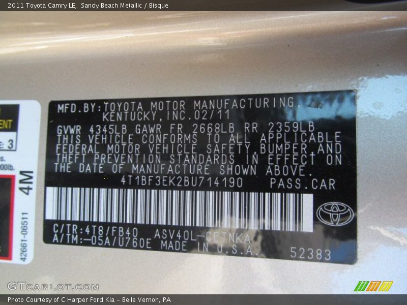Sandy Beach Metallic / Bisque 2011 Toyota Camry LE