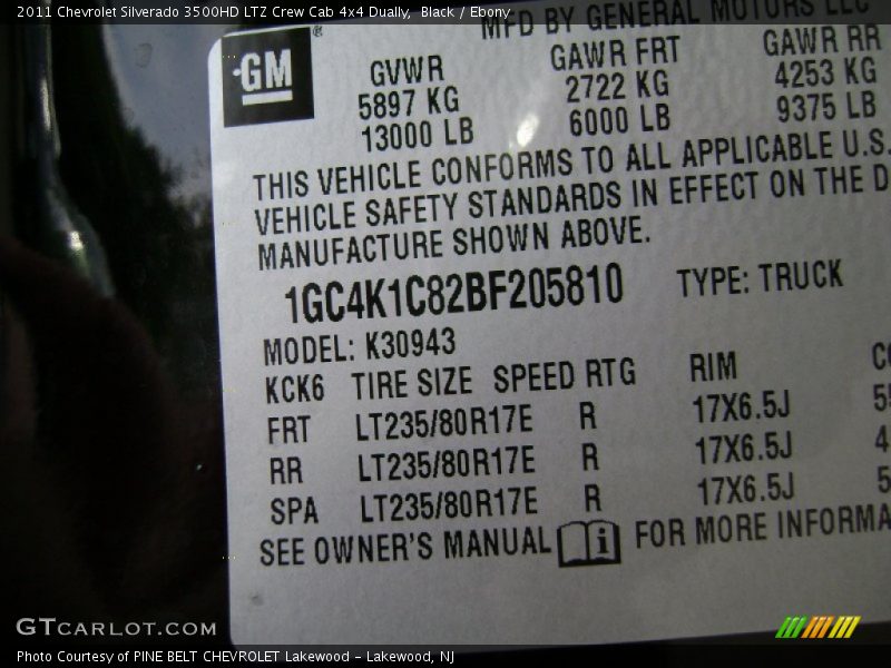 Info Tag of 2011 Silverado 3500HD LTZ Crew Cab 4x4 Dually