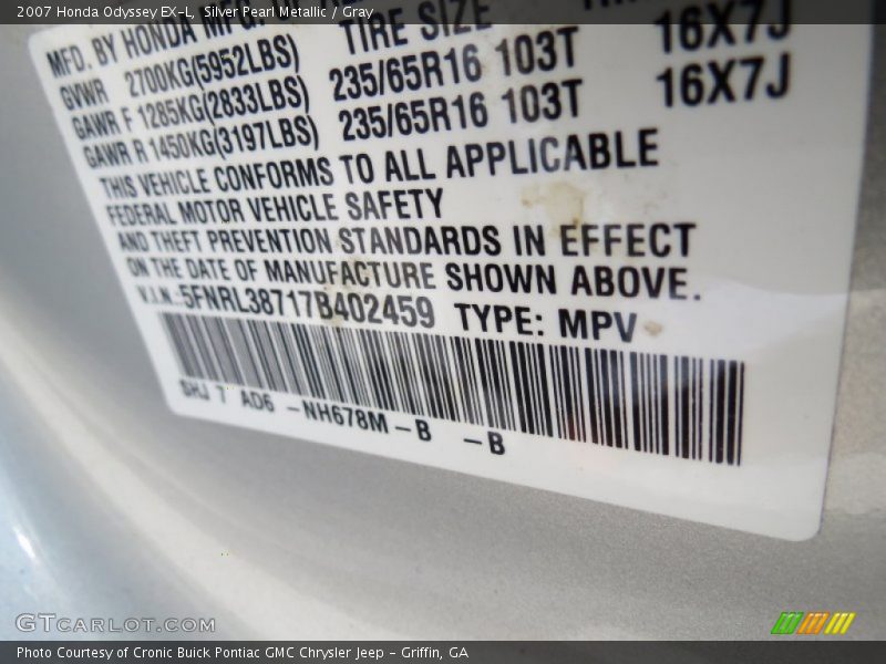 Silver Pearl Metallic / Gray 2007 Honda Odyssey EX-L