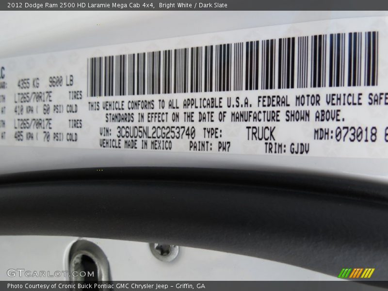 2012 Ram 2500 HD Laramie Mega Cab 4x4 Bright White Color Code PW7
