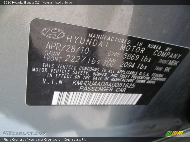 2010 Elantra GLS Natural Khaki Color Code MBK