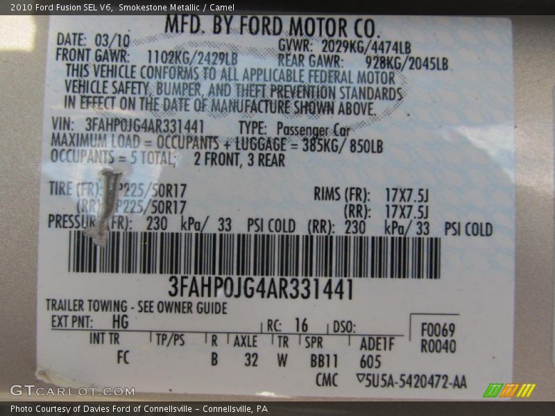 Smokestone Metallic / Camel 2010 Ford Fusion SEL V6