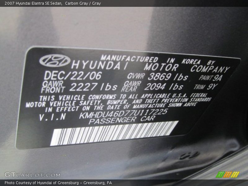 2007 Elantra SE Sedan Carbon Gray Color Code 9A