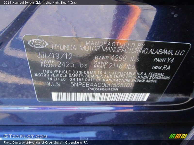 Indigo Night Blue / Gray 2013 Hyundai Sonata GLS